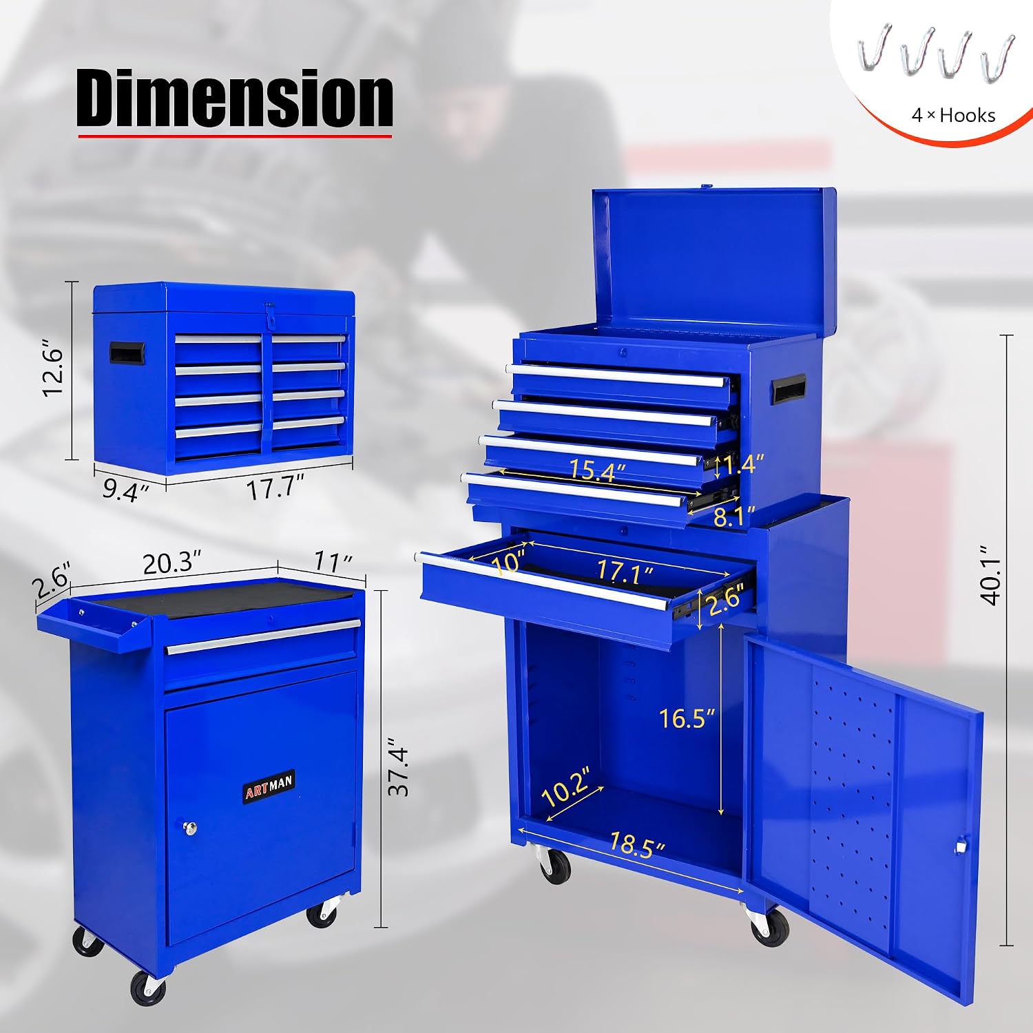 5-Drawer Tool Chest, Rolling Tool Box with Detachable Top Toolbox & Universal Wheels, Tool Cabinet with Lock Bar, Protective Liner & Tool Rack, Metal Storage Cart for Garage,Workshop (Blue)