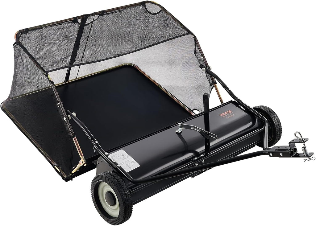 VEVOR 42 Inch Lawn Sweeper Tow Behind, 12 cu.ft. Large Pull Behind Grass Sweeper, Heavy Duty Leaf & Grass Collector with Dumping Rope Design, Adjustable Sweeping Height for Picking Up Debris & Grass