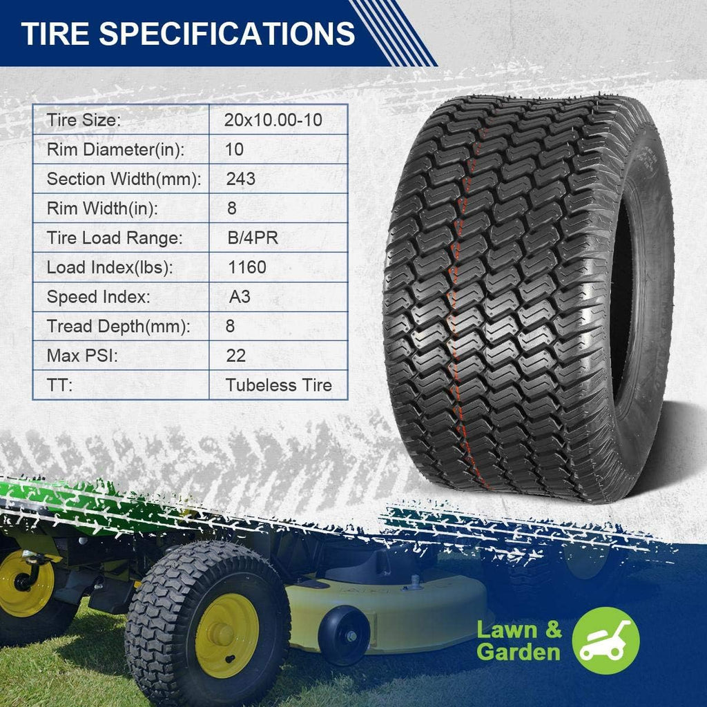 MaxAuto 20x10.00-10 Lawn Mower Tires 4-Ply 20x10x10 Tire - Suitable for Golf Carts, Turf Equipment & Tractors, Professional Groundskeepers