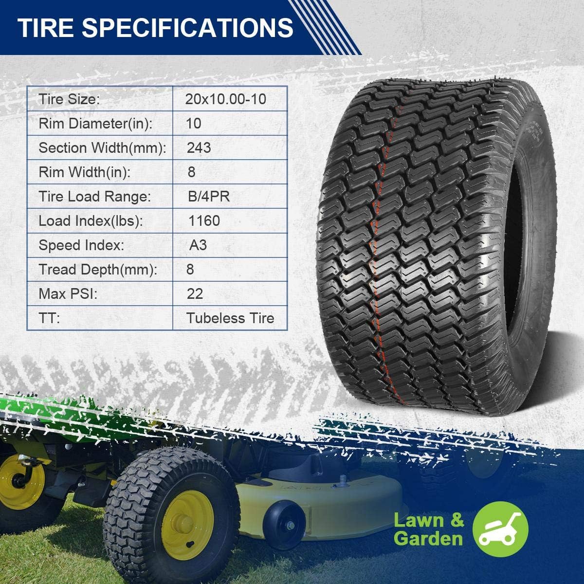 MaxAuto 20x10.00-10 Lawn Mower Tires 4-Ply 20x10x10 Tire - Suitable for Golf Carts, Turf Equipment & Tractors, Professional Groundskeepers