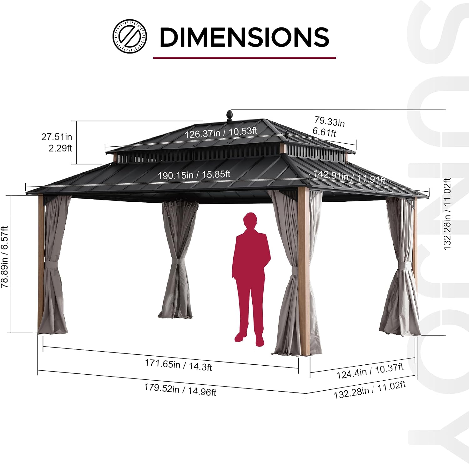 SUNJOY Kingston 16' x 12' Hardtop Gazebo with Galvanized Steel Double Roof, Curtain and Netting, Woodgrain Finish Aluminum Posts Permanent Pavilion Gazebo for Garden, Patio, Deck, Lawn