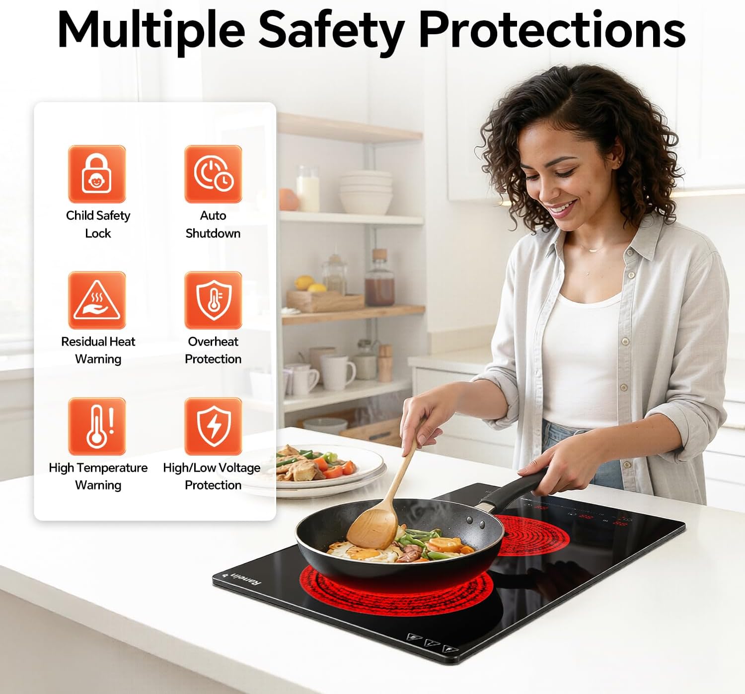 Ranein 12 Inch 2 Burner Electric Cooktop, Max 3000W 240V Ceramic Panel Built-in Electric Stove Top, with Child Safety Lock, Timer, Over-Temperature Protection