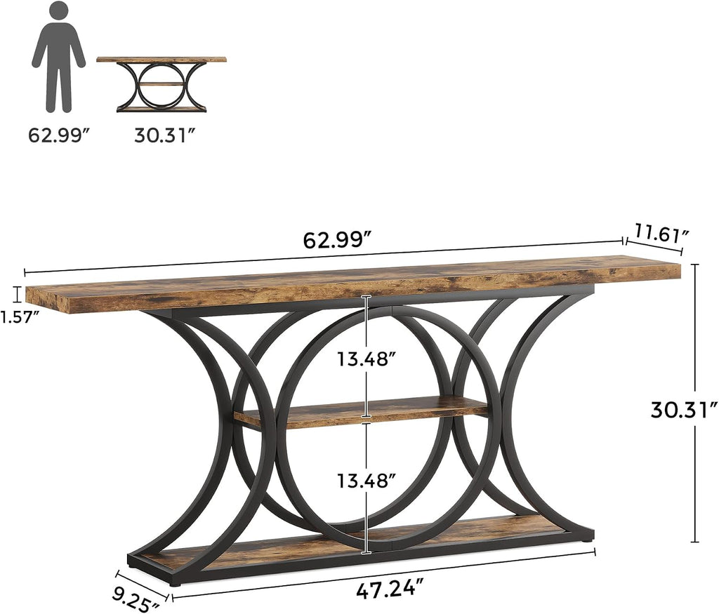 63 inch Extra Long Sofa Table, Rustic Industrial Entry Console Table, Behind Couch Table with Black Metal Frame, 3 Tier Storage Shelves for Hallway, Entryway & Living Room, Brown & Black