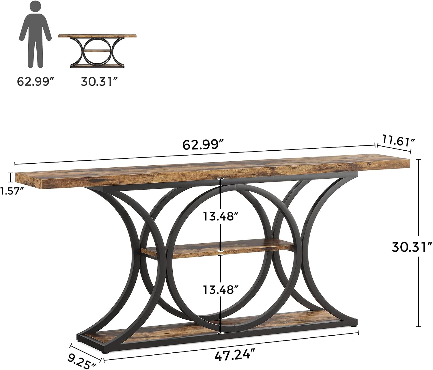 63 inch Extra Long Sofa Table, Rustic Industrial Entry Console Table, Behind Couch Table with Black Metal Frame, 3 Tier Storage Shelves for Hallway, Entryway & Living Room, Brown & Black