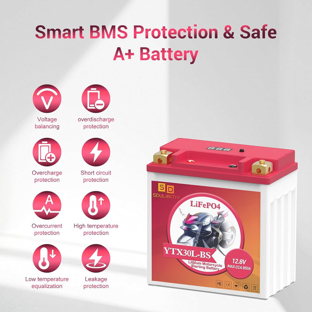 Lithium Motorcycle Battery YTX30L-BS, 12.8V 12AH 850 CCA LiFePO4 Motorcycle Battery, ATV, UTV, Jet Ski, Scooter, Lawn Mower, Tractor, Generator, Riding Lawn Mower Battery