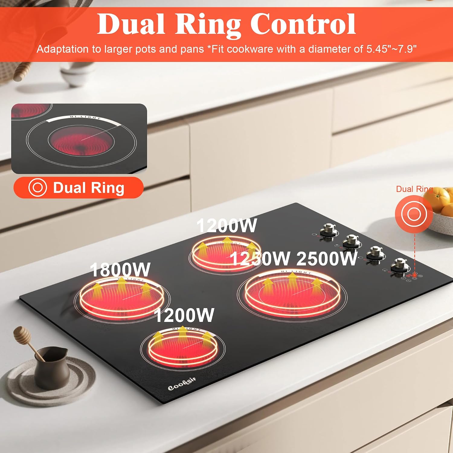 30 Inch Electric Cooktop - 4 Burner Built-in(29.13'x19.3') Ceramic Stove Top 6700W, 240V Electric Cooktop 30' Touch and Knob Control, Child Lock, Dual Ring, 99 Mins Timer, 220V Hard Wired