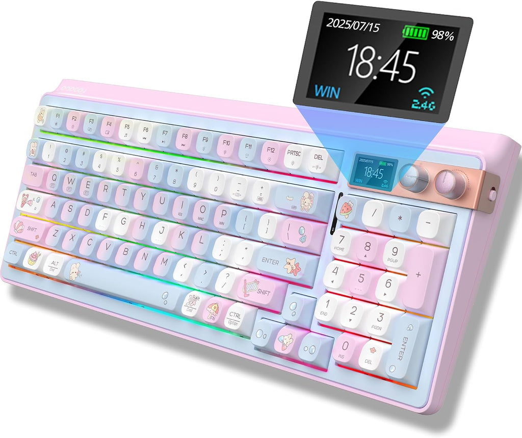 H98 Wireless Mechanical Keyboard,96-Key Hot-Swappable Wired Gaming Keyboard,Tri-Mode Bluetooth 5.0 2.4G USB-C,1.14' Color Screen,Double Knob,6000mAh,RGB,PBT Keycaps for PC Mac iPad-Pink