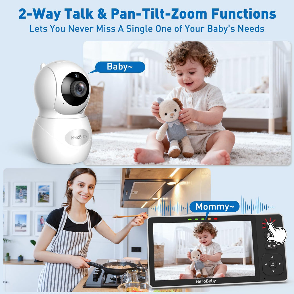 HelloBaby Baby Monitor with 2 Cameras, 5.5' 720P HD No WiFi Audio Display Split Screen, Dual 1080P Cameras, Pan-Tilt-Zoom, 2-Way Talk, Night Vision, 4000mAh Battery, Clock & Timer, Wide View