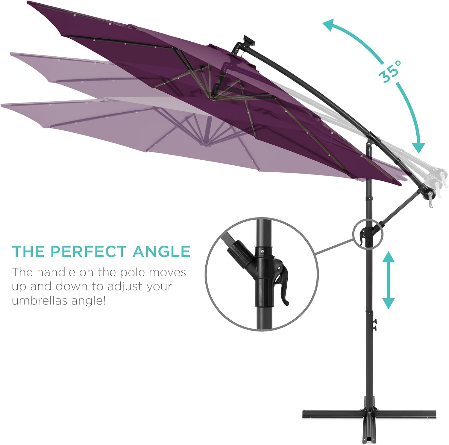 Best Choice Products 10ft Solar LED Offset Cantilever Hanging Market Patio Umbrella, 8 Sturdy Ribs, Easy Adjustment - Amethyst Purple