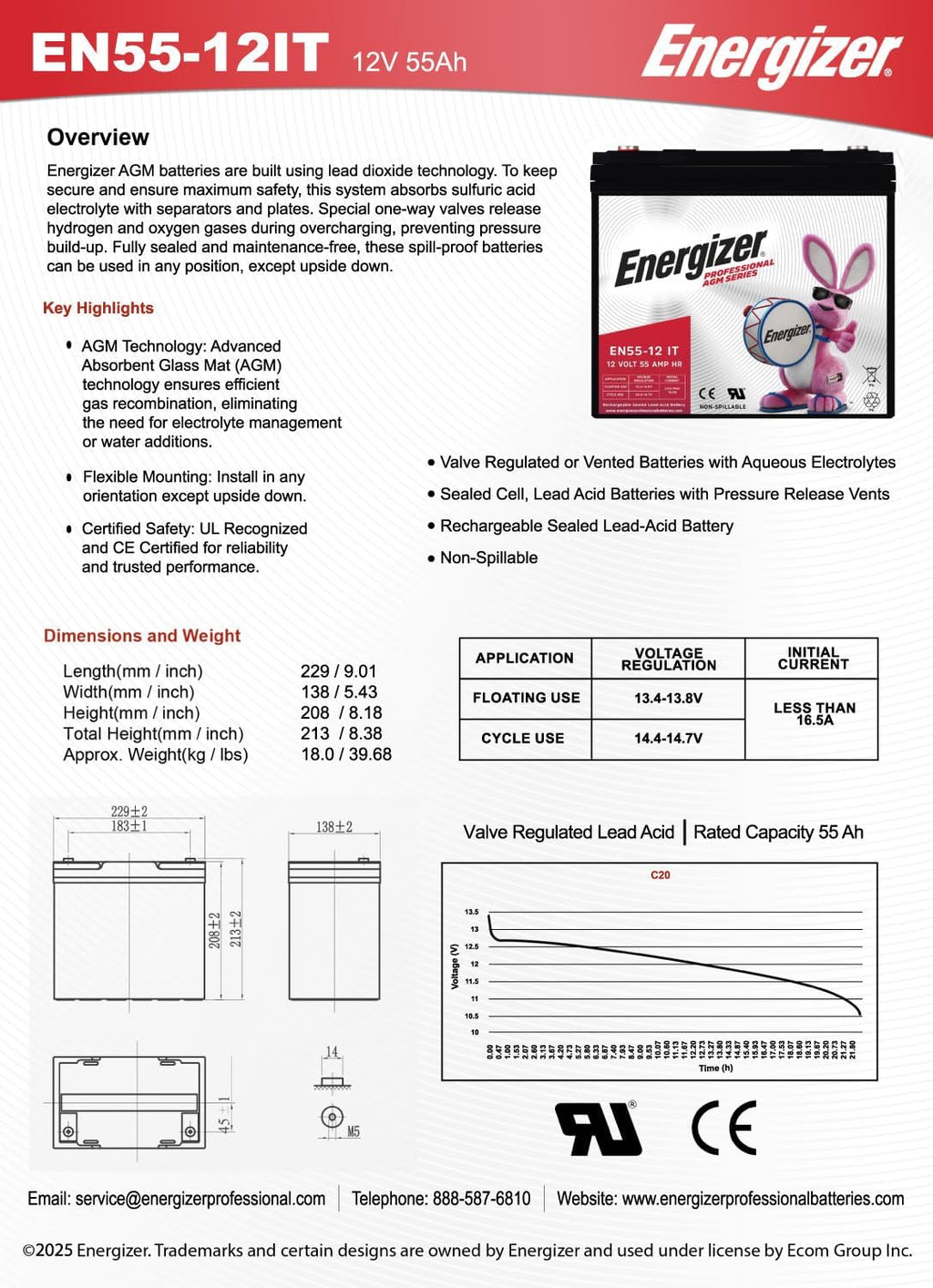 Energizer EN55-12IT, 12 Volt 55 Amp Hr, Long Lasting Sealed Lead Acid AGM Rechargeable Battery Ideal For Use In Electric Scooters, Wheelchairs, Emergency Lighting, Backup Power, and more