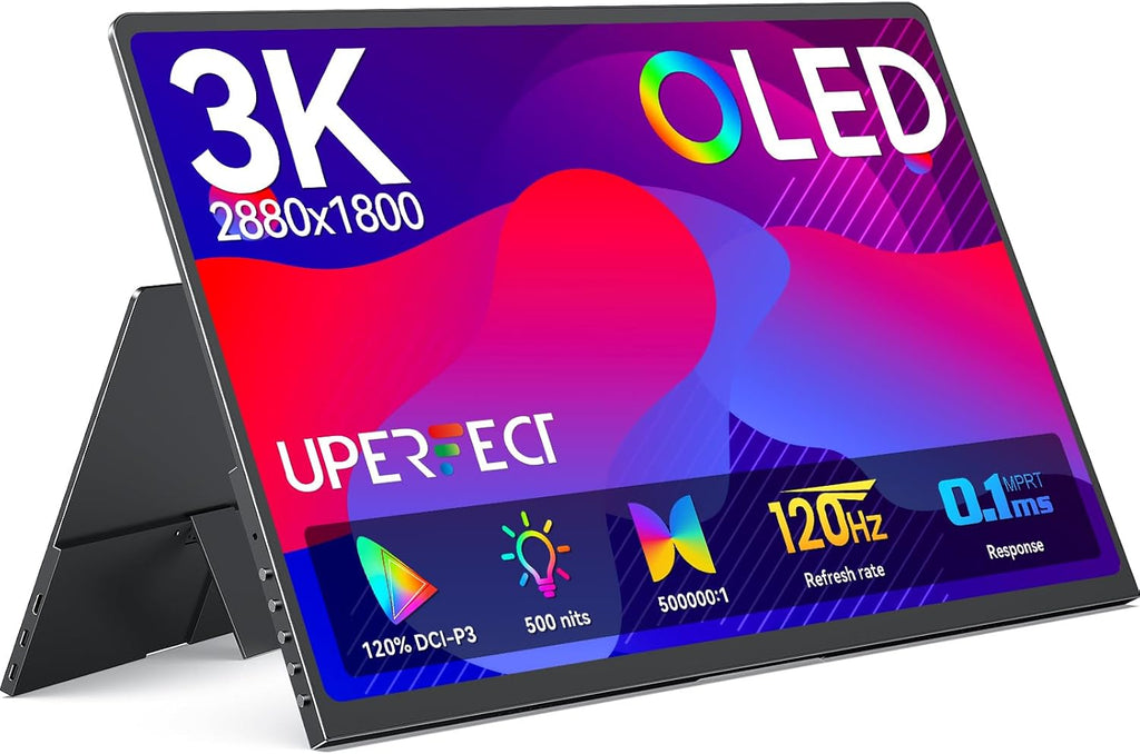 UPERFECT OLED Portable Monitor 14', 3K 2880x1800 | 120Hz | 0.1ms Portable Gaming Monitor, 500 Nits |120% DCI-P3 | 500000:1 Contrast | Ultra-Slim Design for Laptop Mini PC Phone Game Consoles