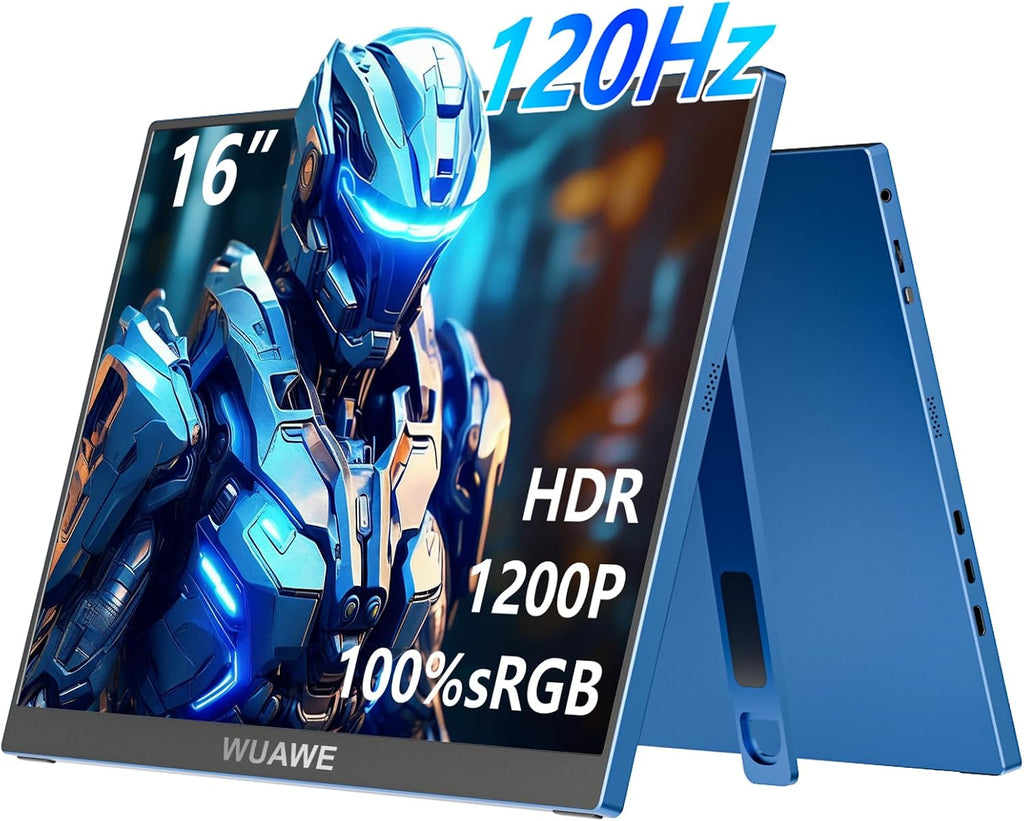 WUAWE 16' 1200P 120Hz Portable Monitor for Laptop, 100% sRGB Portable Laptop Monitor with Built-in Stand, HDR and Freensync, External USB C Monitor for Phone, MacBook, Laptop, PC(Blue)