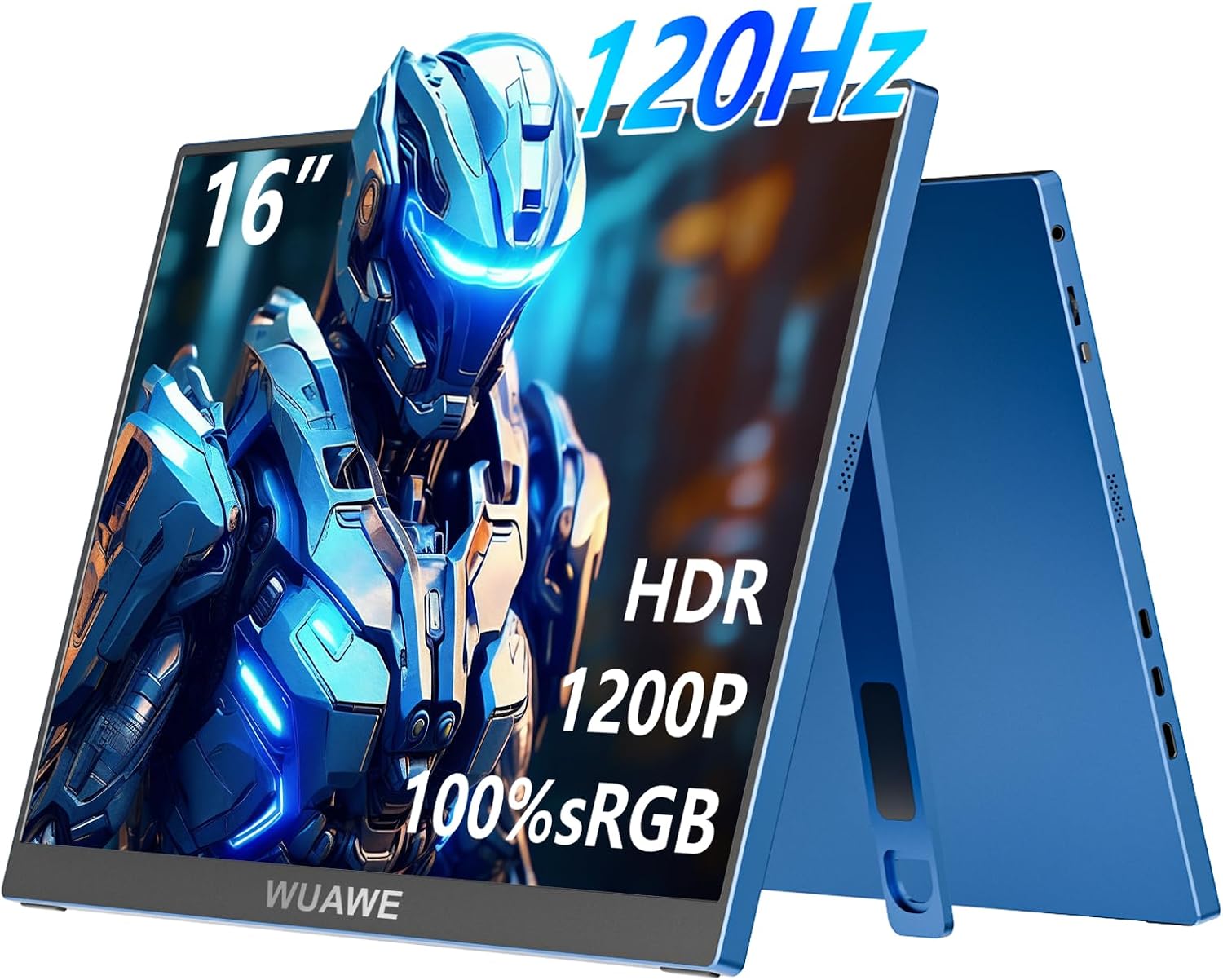 WUAWE 16' 1200P 120Hz Portable Monitor for Laptop, 100% sRGB Portable Laptop Monitor with Built-in Stand, HDR and Freensync, External USB C Monitor for Phone, MacBook, Laptop, PC(Blue)