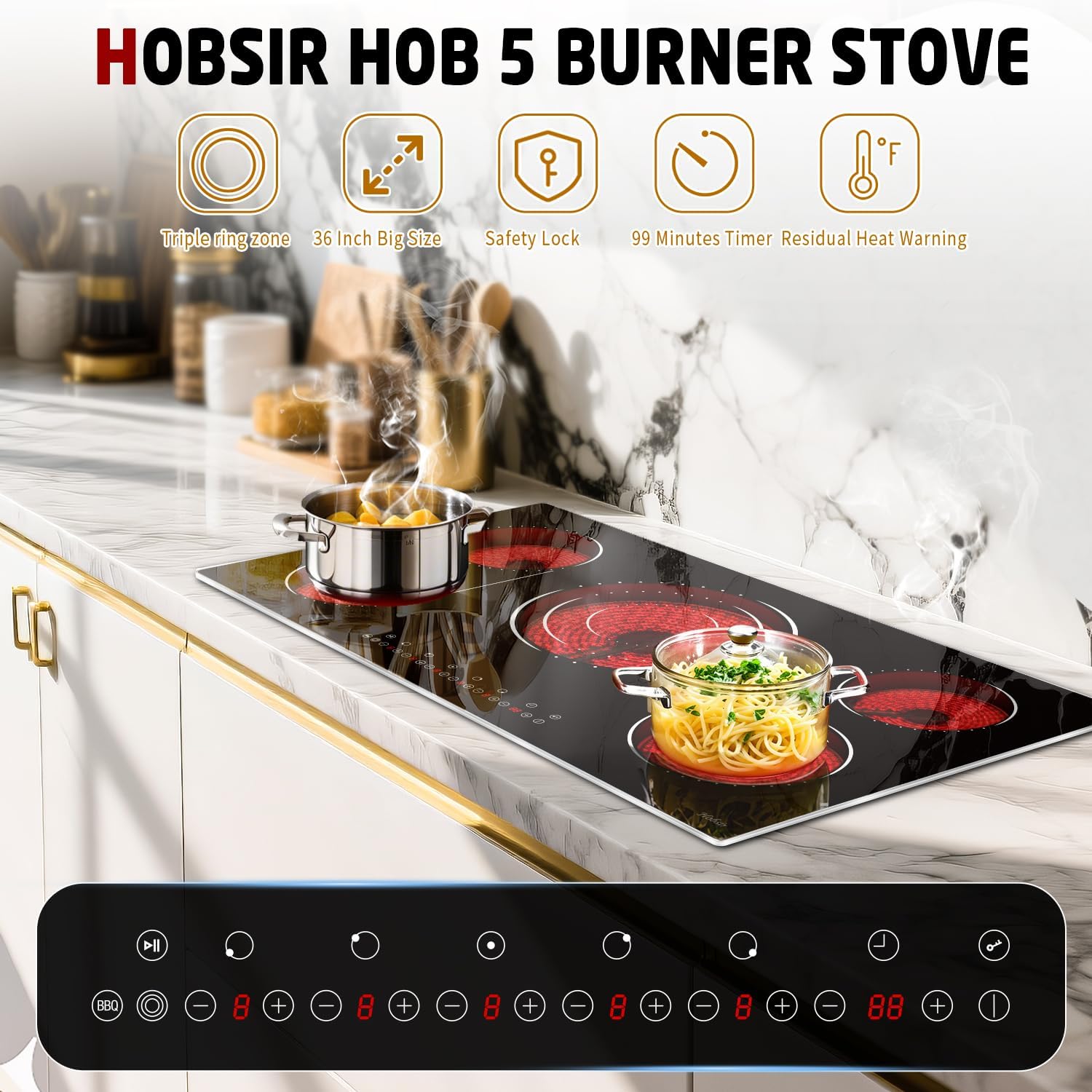 Hobsir Electric Cooktop 36 Inch, Electric Stove Top Burner, 5 Burners 36 Cooktop, 9600W Drop-in Ceramic Stove with Glass Metal Frame, Triple Ring, Flex Zone, 220-240V, Hard Wired (No Plug)