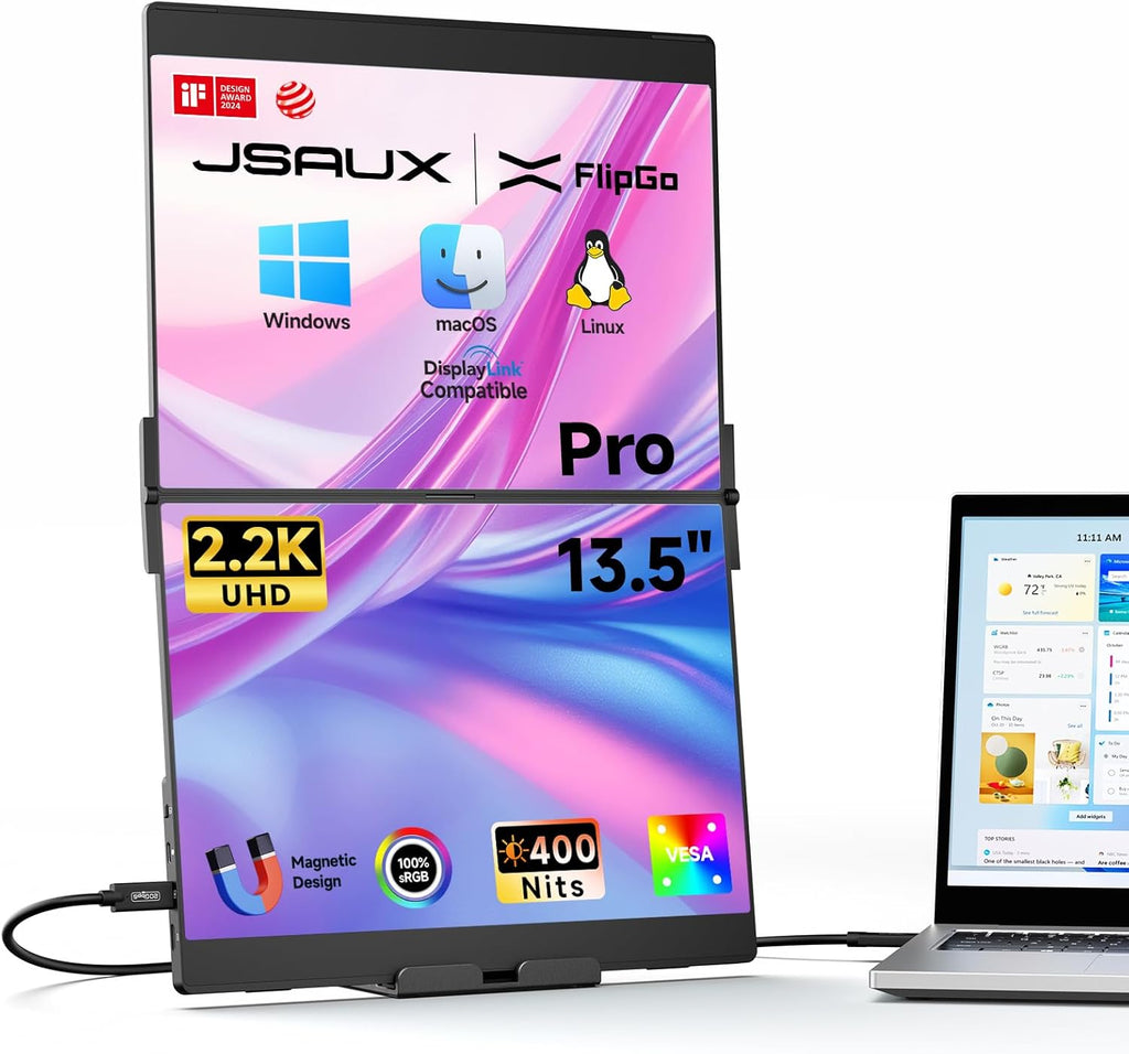 JSAUX FlipGo Pro 13.5' Dual Portable Monitors, 2.2K Triple Laptop Screen Extender, Portable IPS Dual-Screen Monitor for Laptop[for Windows/Linux/macOS] One Cable to Dual/Magnetic Design/DisplayLink