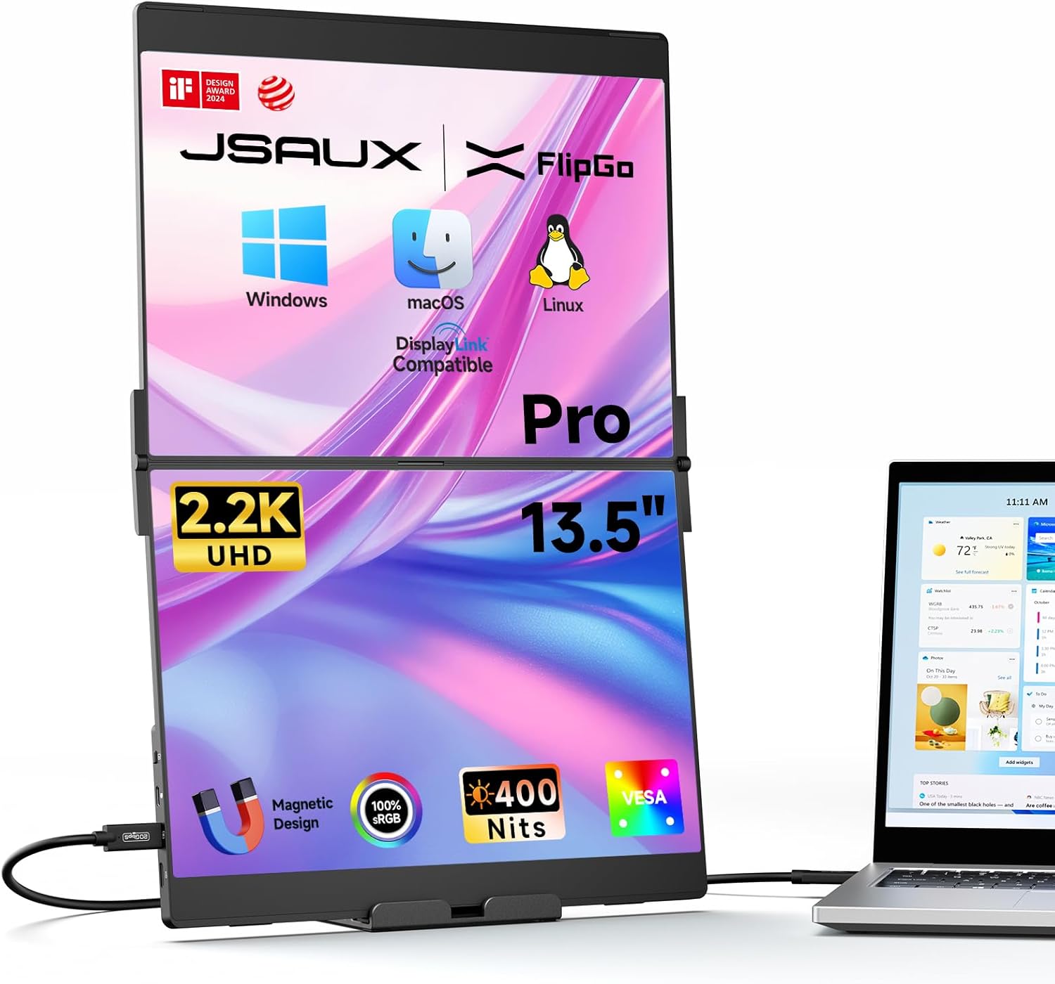 JSAUX FlipGo Pro 13.5' Dual Portable Monitors, 2.2K Triple Laptop Screen Extender, Portable IPS Dual-Screen Monitor for Laptop[for Windows/Linux/macOS] One Cable to Dual/Magnetic Design/DisplayLink