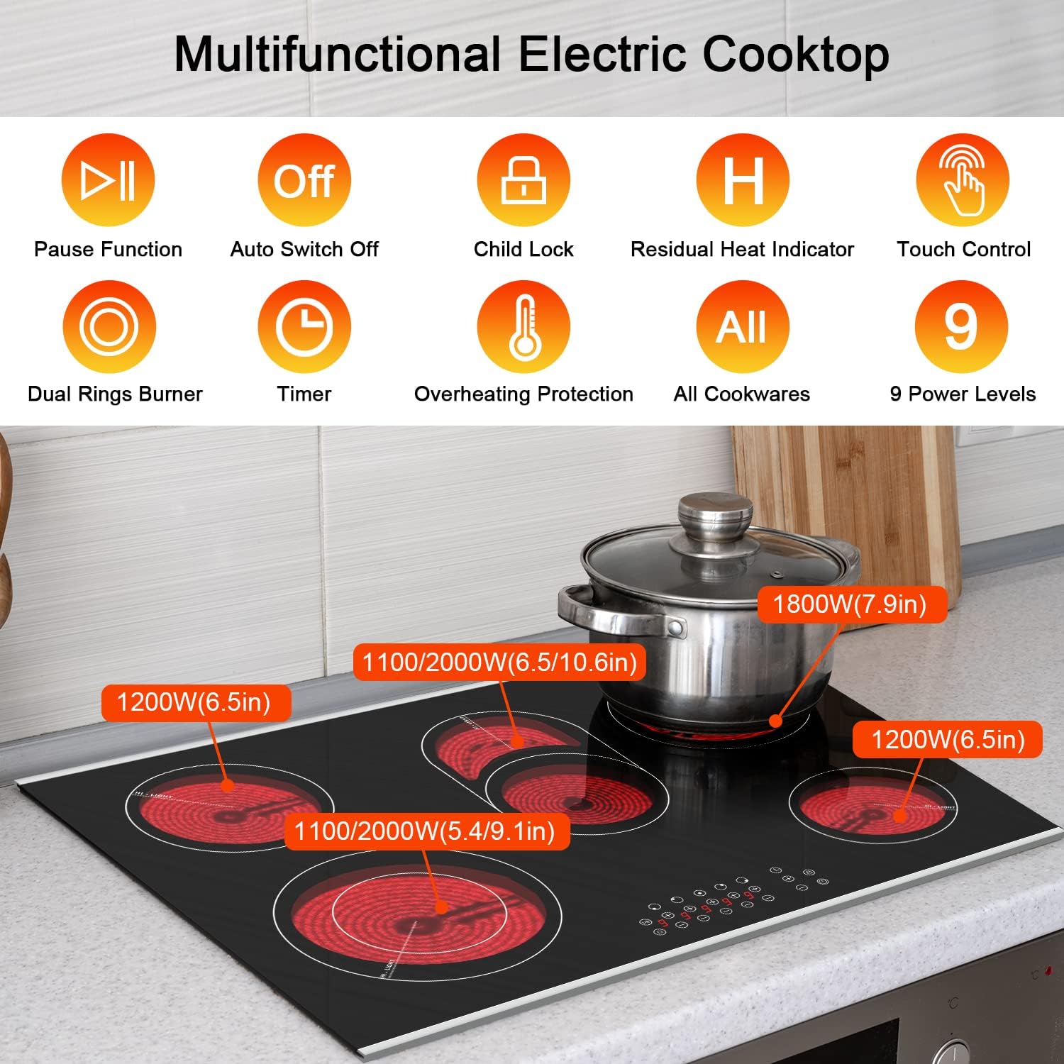 Karinear 30 Inch Electric Cooktop 30 Inch 5 Burners Electric Stove Ceramic Cooktop, Drop-in Radiant Stovetop with Front and Back Metal Frame, Lock, Timer, 8400W, 220-240V, Hard Wire, No Plug