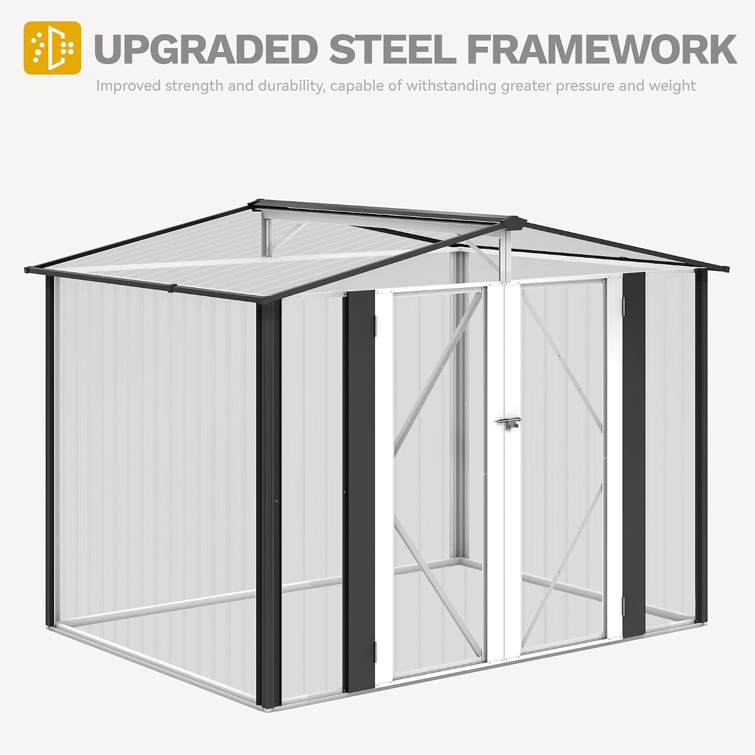 DWVO 7x5FT Outdoor Storage Shed, Roomy Steel Tool Shed with Secure Entrances & Air Circulation for Patio, Lawn, and Backyard, Ideal for Storing Garden Gear, Lawn Tools, and Bikes, Dark Gray