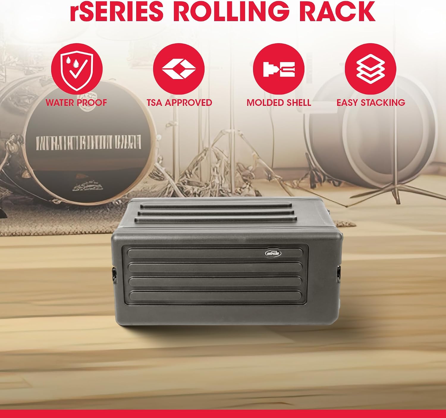 SKB 4U rSeries Shallow Rolling Rack with Integrated Back Wheels and 1-Touch Pull Handle, Comes with 8 Rack Units and Interlocking Molded Stacking Bars