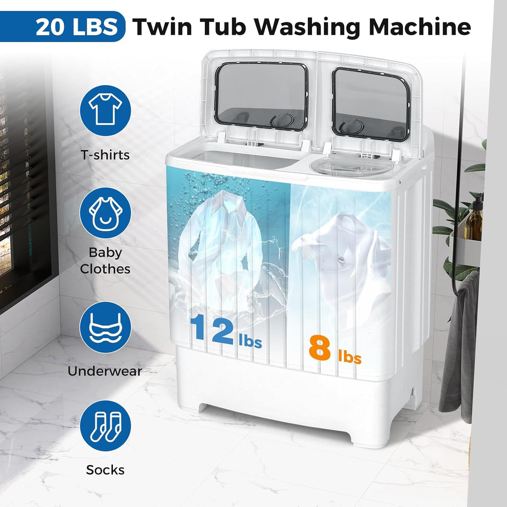 RELAX4LIFE Portable Washing Machine, Twin Tub 20 LBS Capacity, Compact Laundry Washer Machine w/Washer(12 lbs) & Spinner(8 lbs), Timer, Semi-Automatic Mini Washer and Dryer Combo for Apartment Dorm RV