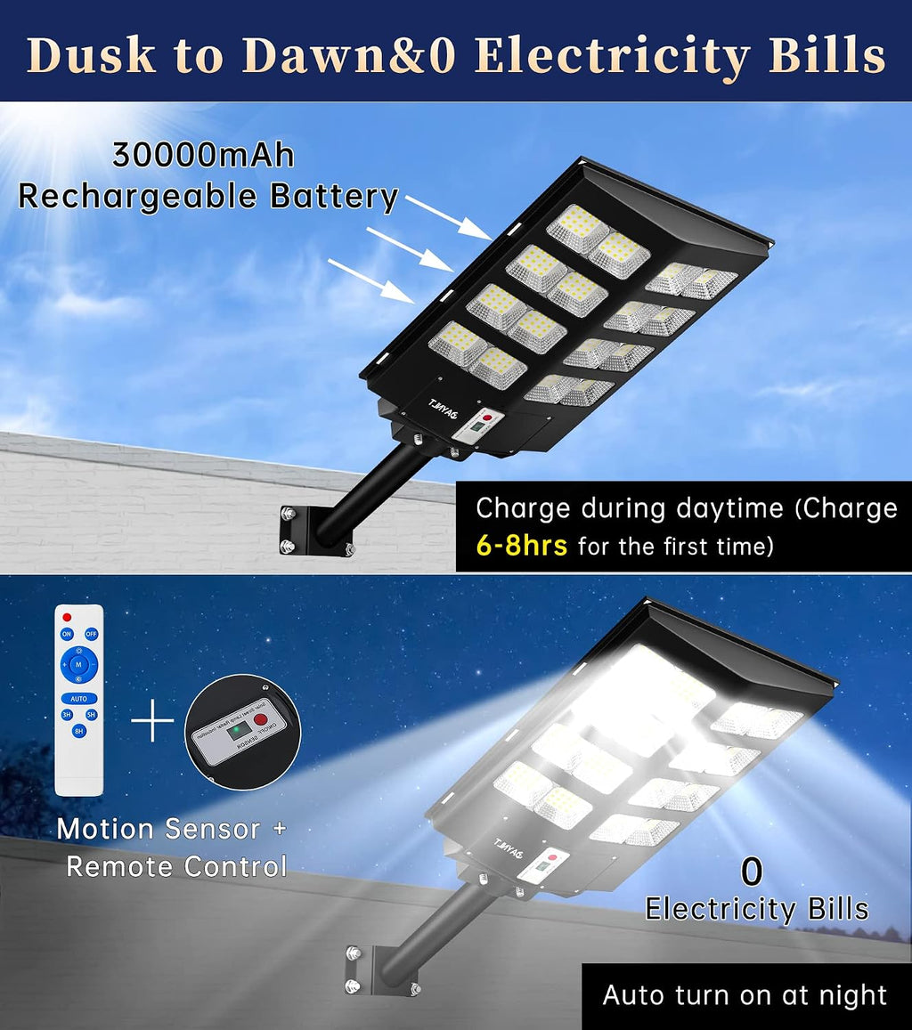 JAYNLT Y-3000W Solar Street Lights Outdoor,300000LM 6500K Commercial Parking Lot Lights Dusk to Dawn, Waterproof Solar Security Flood Lamps with Motion Sensor and Remote for Street, Garden,Farm