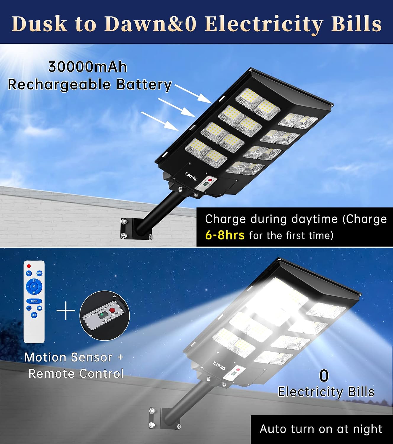 JAYNLT Y-3000W Solar Street Lights Outdoor,300000LM 6500K Commercial Parking Lot Lights Dusk to Dawn, Waterproof Solar Security Flood Lamps with Motion Sensor and Remote for Street, Garden,Farm