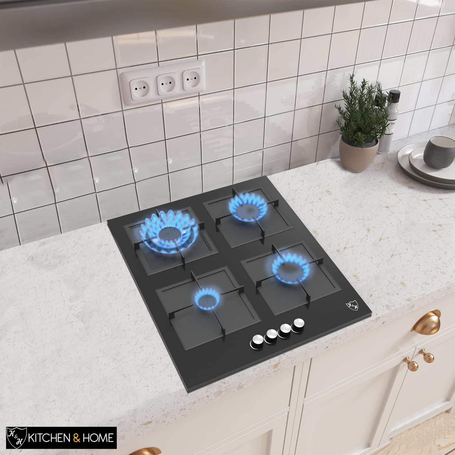 K&H 4 Burner 24 Inch Built-in LPG/Propane Gas Stove Top Glass Surface Cast Iron Cooktop UL/ETL Certified 4-GCW-LPG