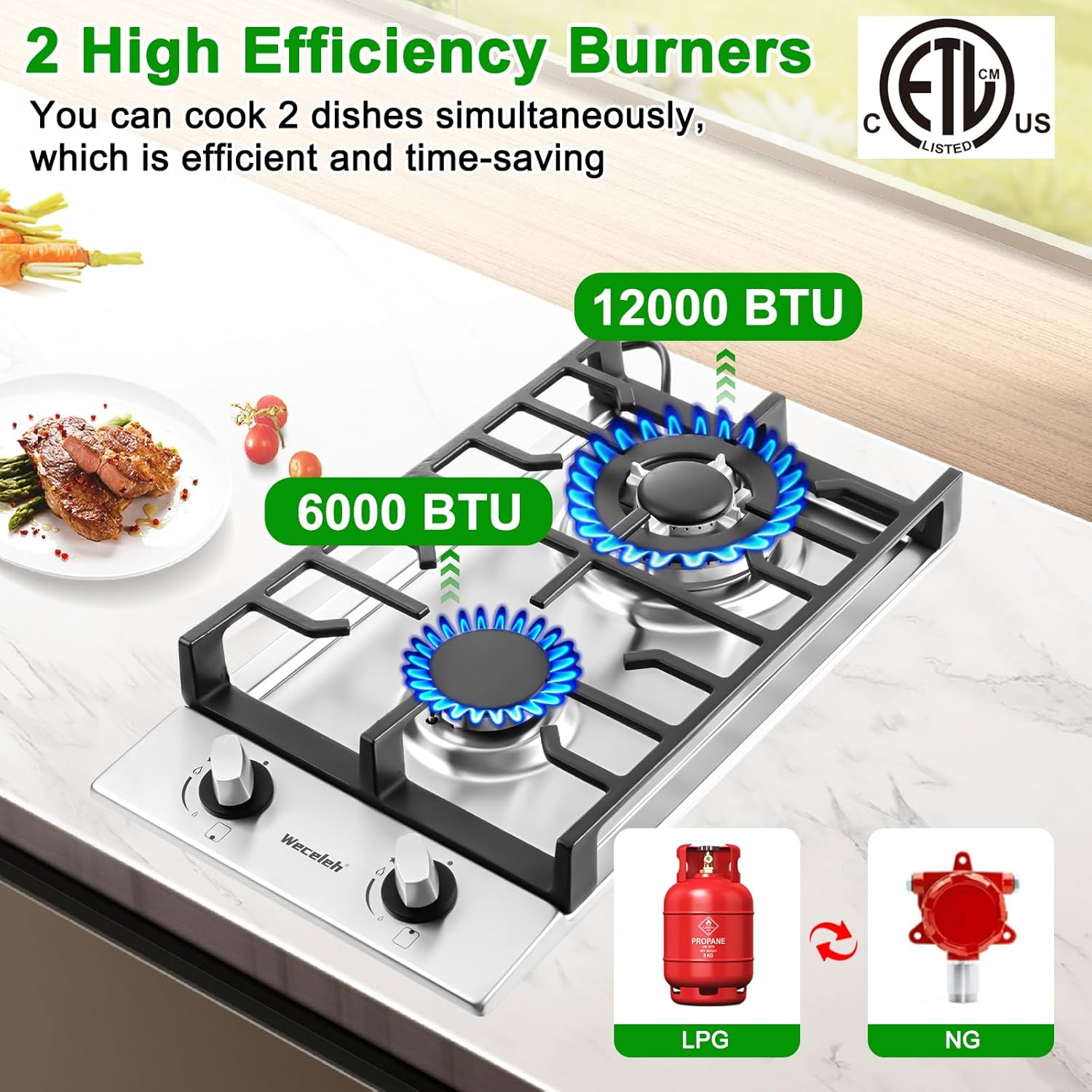 2 Burner Gas Cooktop, 12 Inch Built-in Gas Stove Top, NG/LPG Convertible Stainless Steel Propane Stove, Electronic Auto Ignition & Heavy-Duty Cast Iron Grates for Kitchen, Apartment, RV, Outdoor