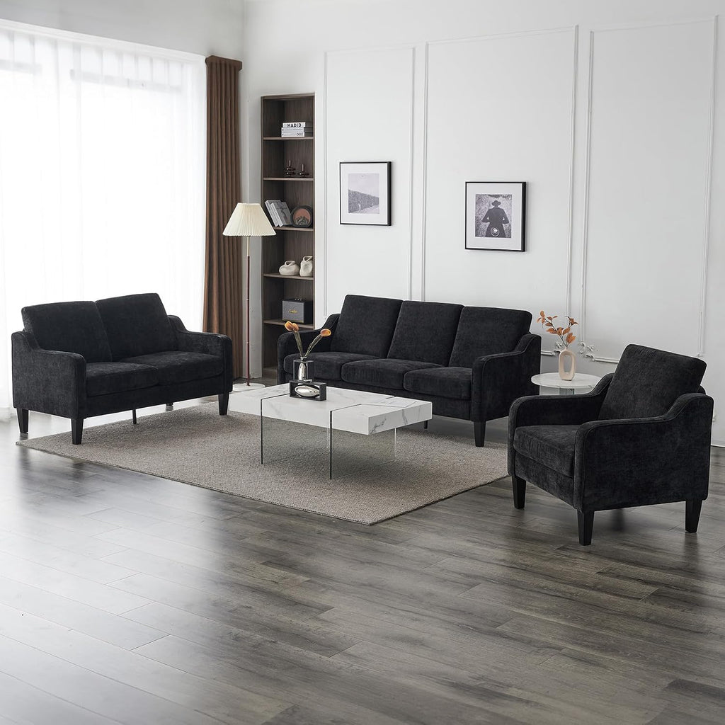 VINGLI Black Couches for Living Room, 71' Small Couch Comfy 3 Seater Upholstered Chenille Sofa Mid-Century Modern Floor Sofas for Small Spaces, Bedroom, Apartment, Lounge, Office