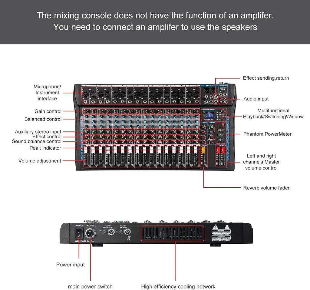 16 Channel Audio Interfacer Sound Board Mixer DJ Mixer 16-Bit DSP Effect USB Audio Mixer +48V Phantom Power Bluetooth Mixer for Karaoke Studio Streaming Recording,Live Streaming