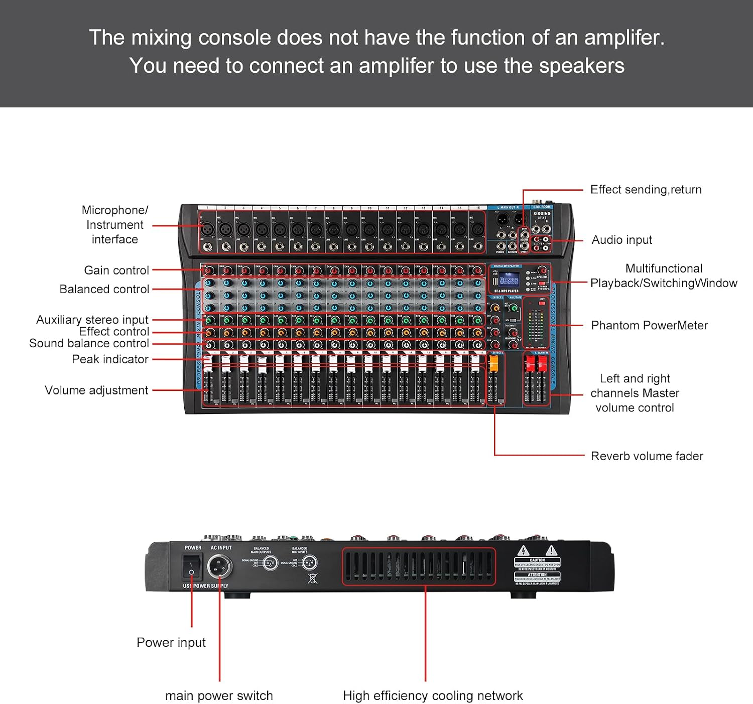 16 Channel Audio Interfacer Sound Board Mixer DJ Mixer 16-Bit DSP Effect USB Audio Mixer +48V Phantom Power Bluetooth Mixer for Karaoke Studio Streaming Recording,Live Streaming