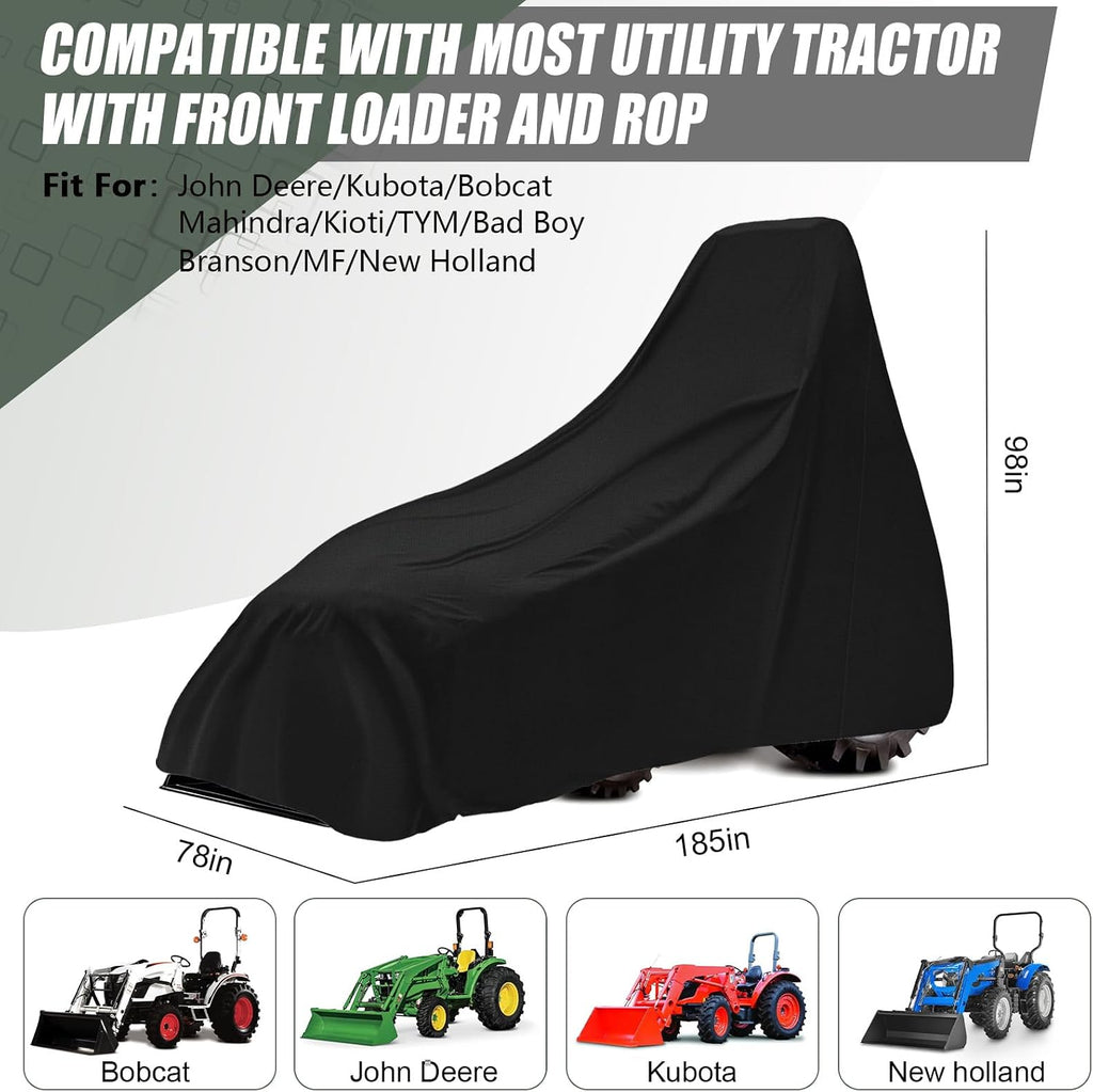 Waterproof Tractors Cover Fit Most Campact Utility Tractors with 60-100 HP, 600D Oxford Cloth Tractors Cover for Snow Rain Dust Protection, 185 L x 78 W x 98 H in