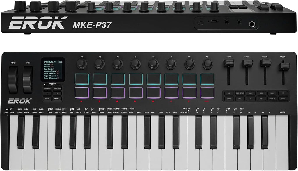 EROK 37 Keys MIDI Keyboard Controller with 3.5mm MIDI Output, 16 Backlit Drum Pads, 8 Knobs, DAW Integration & Arpeggiator, Music Production Equipment and Studio Controller (Black)