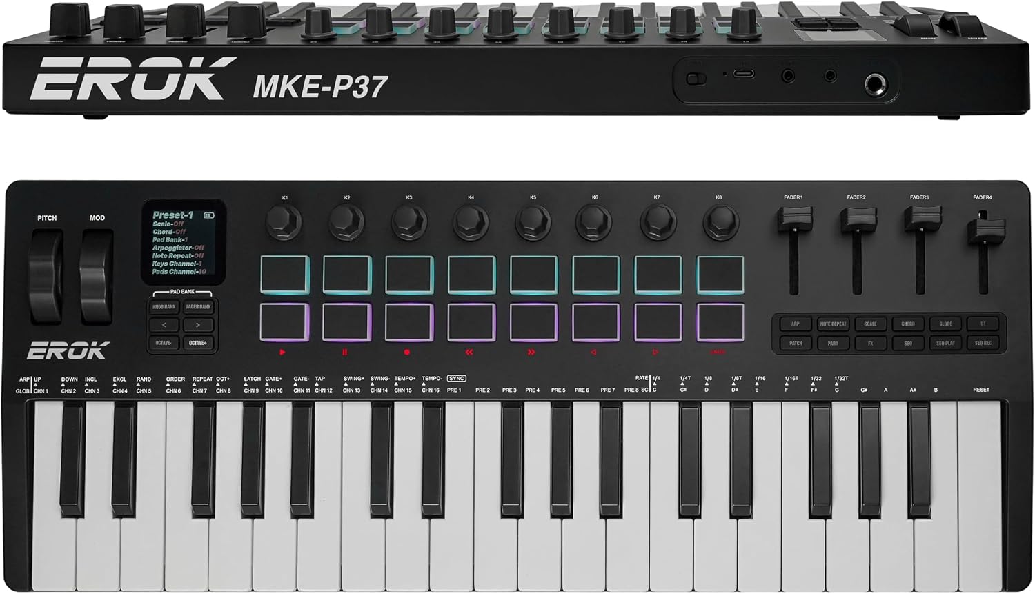EROK 37 Keys MIDI Keyboard Controller with 3.5mm MIDI Output, 16 Backlit Drum Pads, 8 Knobs, DAW Integration & Arpeggiator, Music Production Equipment and Studio Controller (Black)