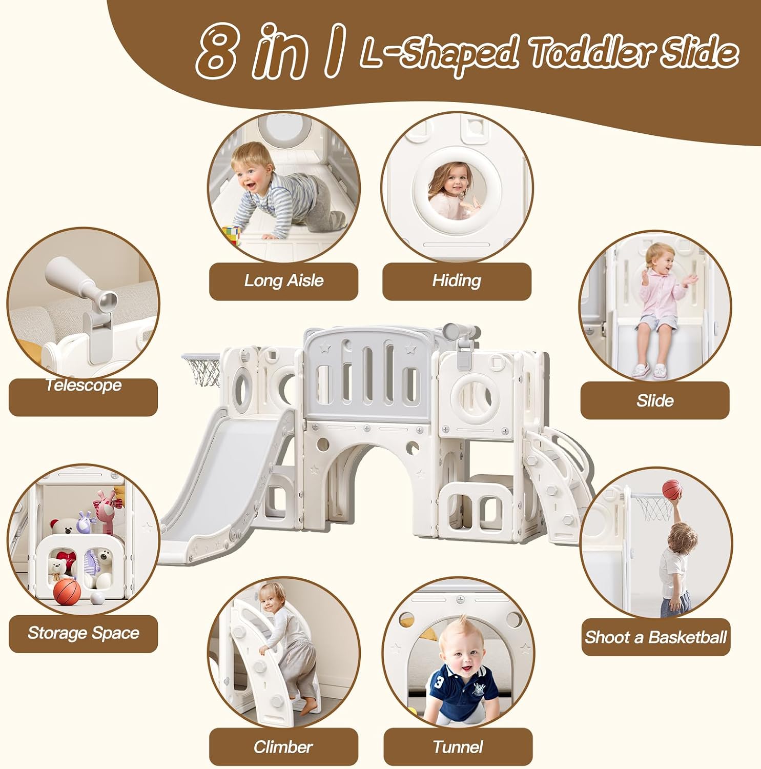 Toddler Slide,Kids Climber Slide with Storage Space and Non-Slip Steps,Indoor Outdoor Playset with Basketball Hoopa and Telescope,Slide for Toddlers Age 1-3