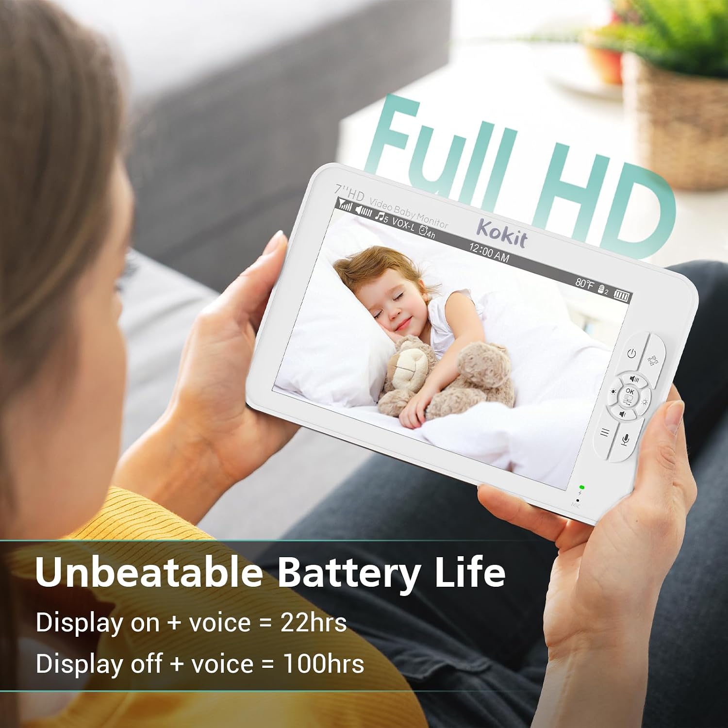 7' 1080P Full HD Dual Camera Baby Monitor 100-Hour Battery Pan-Tilt 355°/120° & 4X Zoom Night Vision & VOX 2-Way Talk & Lullabies Data Protection 2.4GHz Wi-Fi Only
