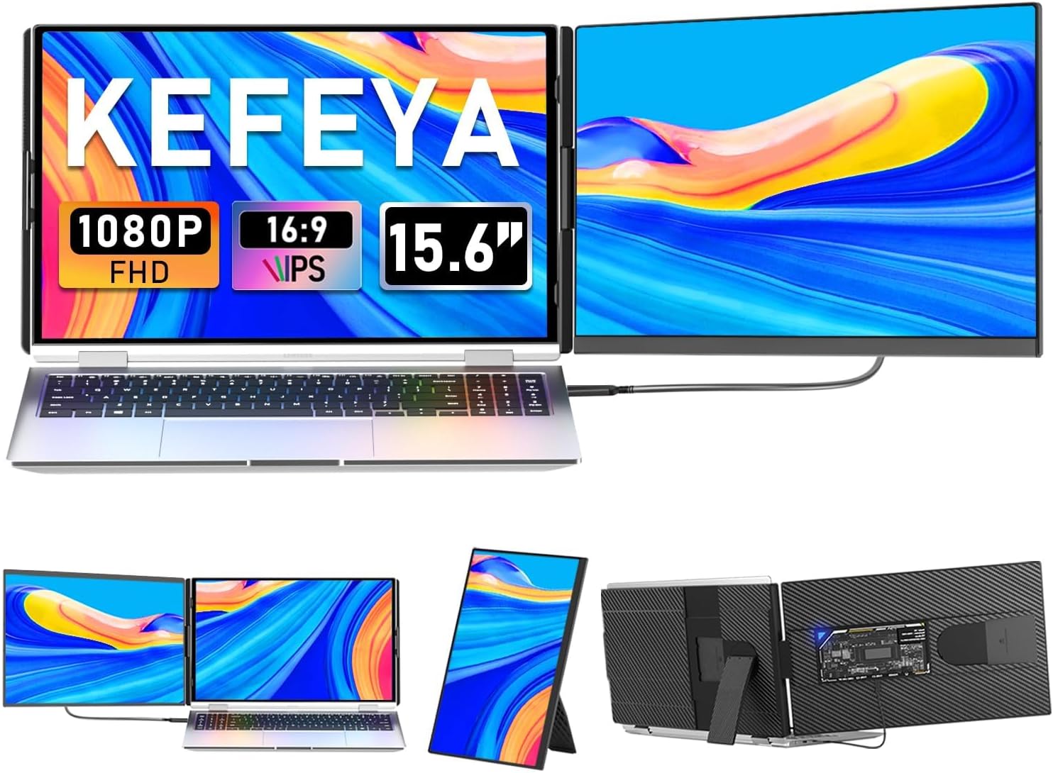 KEFEYA Laptop Screen Extender, 15.6' FHD 1080P IPS Laptop Monitor Extender Detachable, Portable Monitor for Laptops 13-17.3' with Breath Light, Plug n Play for Windows/Mac/Android/Switch/PS5