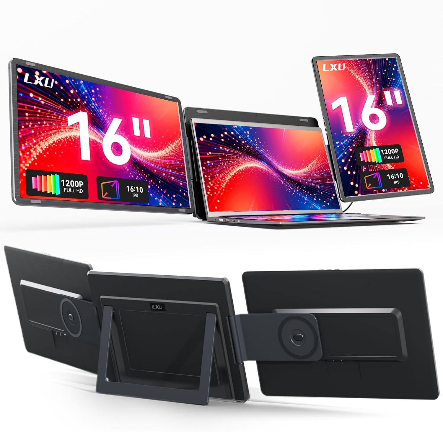 LXU Laptop Screen Extender, 16' 1200P Triple Laptop Monitor Extender, 16:10 Detachable Portable Extended Monitor for Laptops 12~16.5 Inch, No Driver, Plug n Play for Windows, MacBooks (NOT M1 M2 M3)
