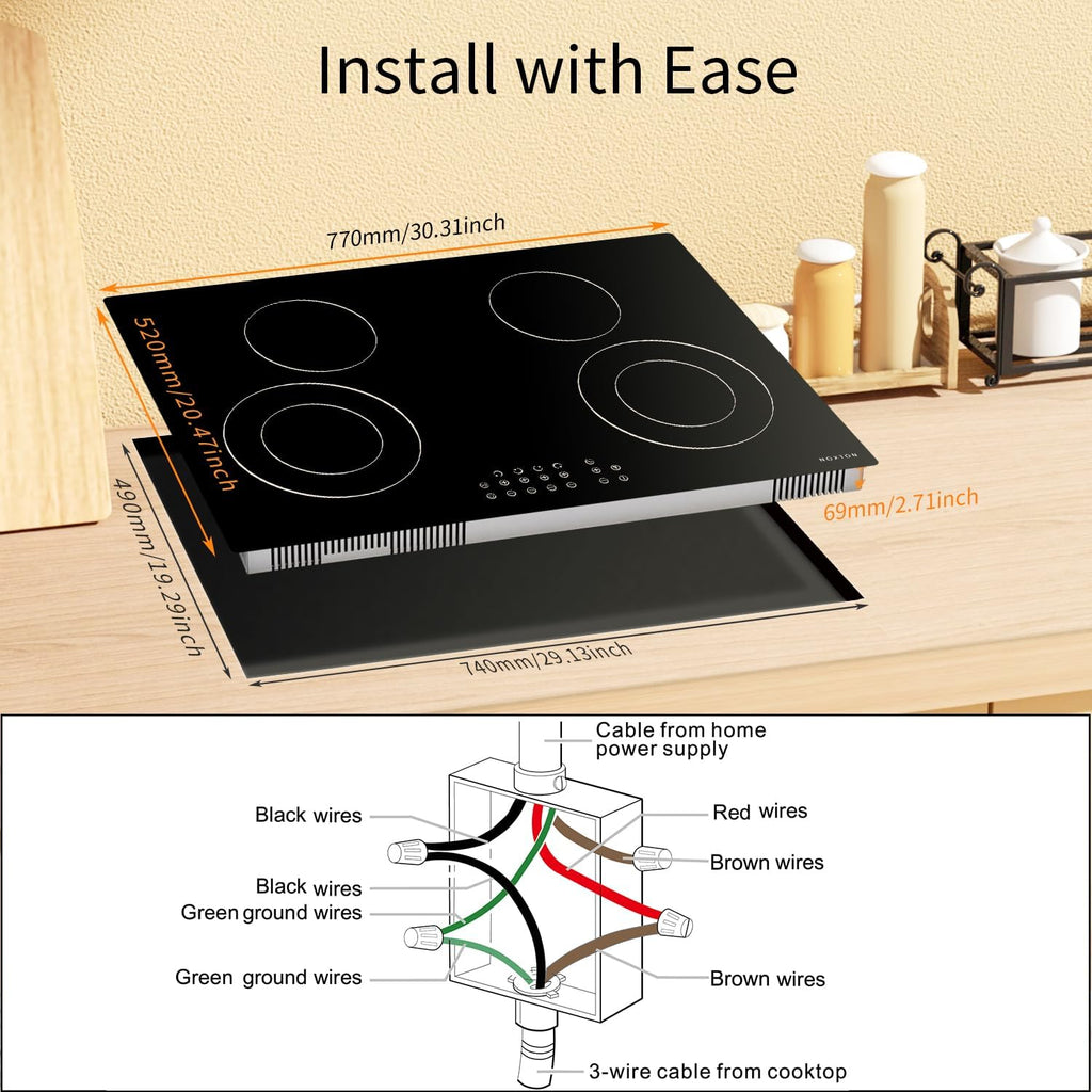 Noxton 30 Inch Electric Cooktop 4 Burners, Built in Electric stove top, Sensor Touch Ceramic Cooktop, Expandable Burners, Pause, Safety Lock, Timer, 7100W 220~240V (No Plug)