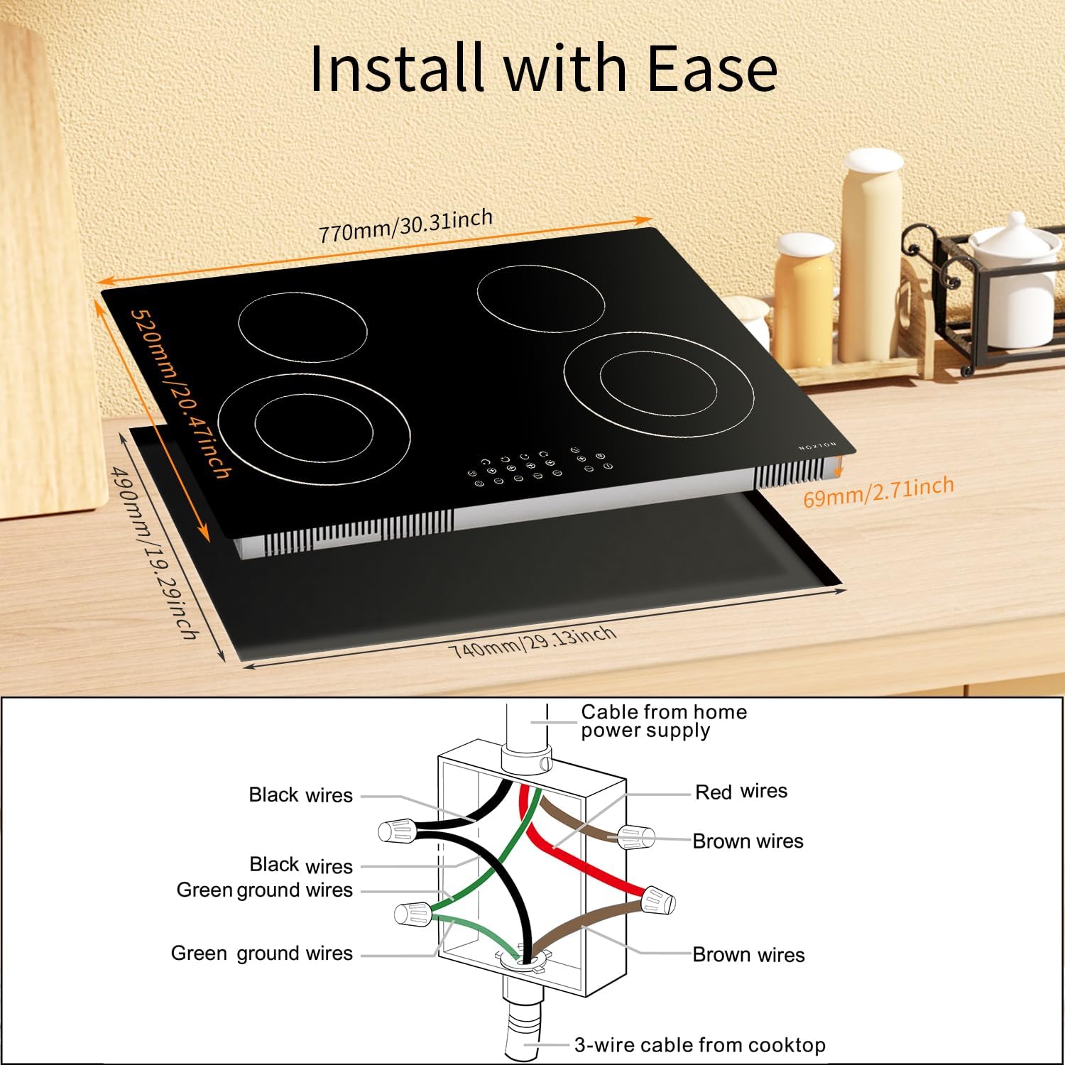 Noxton 30 Inch Electric Cooktop 4 Burners, Built in Electric stove top, Sensor Touch Ceramic Cooktop, Expandable Burners, Pause, Safety Lock, Timer, 7100W 220~240V (No Plug)