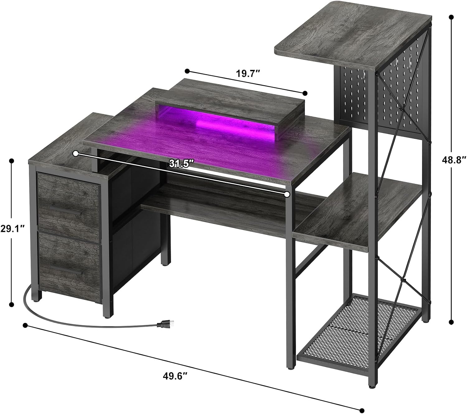 Small Gaming Desk with 2 Fabric Drawers - Reversible Computer Desk with Power Outlet & LED Lights, 49' Office Desk with Monitor Stand & Storage Shelves, Writing Study Table with Pegboard, Grey Oak