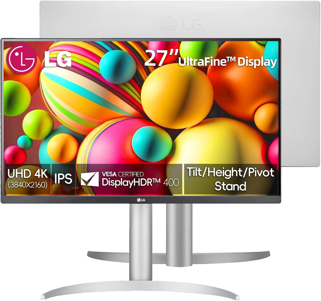 LG 27 inch Ultrafine 4K UHD (3840 x 2160) IPS Computer Monitor, VESA DisplayHDR™ 400, 5ms, Dynamic Action Sync, Reader Mode, Flicker Safe, HDMI, DisplayPort, Tilt/Height/Pivot Adjustable, White