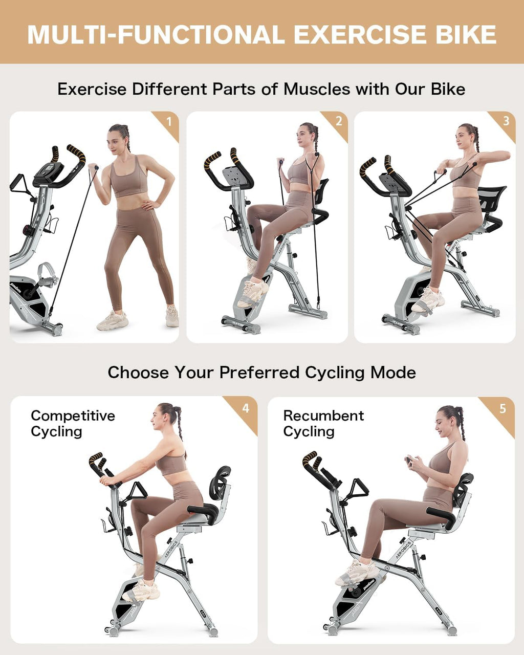 pooboo Folding Exercise Bike, Foldable Upright Stationary Bike, Indoor Cycling Magnetic X-Bike with 8-Level Adjustable Resistance, 6.6 LBS Flywheel, 300LB Capacity, Back Support Cushion for Home Gym
