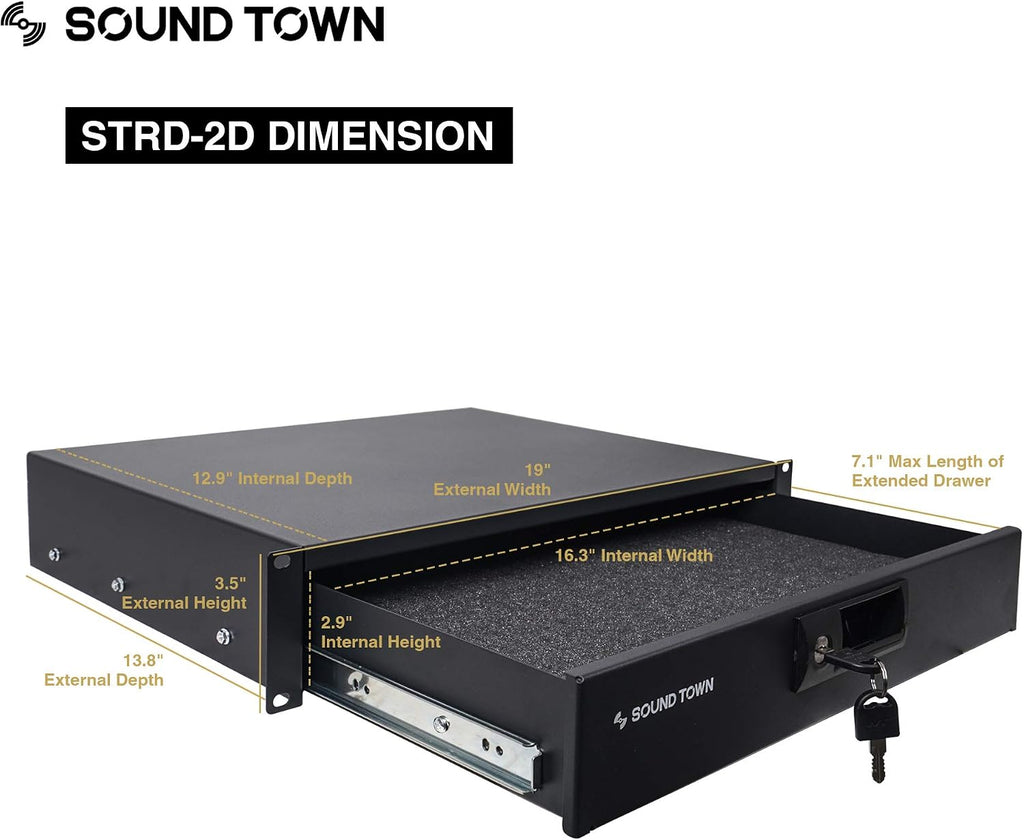Sound Town High-Quality 1/2' (12mm) 12U PA DJ Pro Audio Rack/Road ATA Case with 11U Slant Mixer Top, Locking Drawer, Side Table, 20.2'' Rackable Depth and Casters (STMR-12TD2)