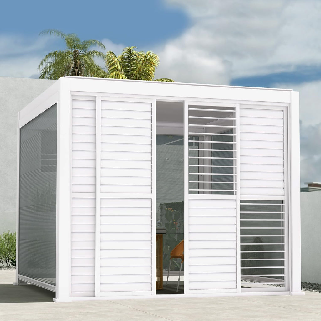 Mirador Accessory - 10' Sliding Louver Door for Mirador Pergola 111 Series, 4 Panel Detachable Moveable Sun Shade Privacy Door, White