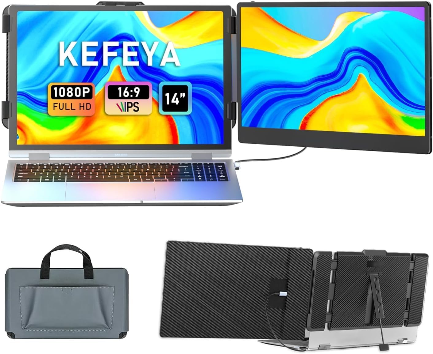 KEFEYA Laptop Screen Extender, 14' FHD 1080P IPS Laptop Monitor Extender Dual Screen, Portable Monitor for Laptops 13-17' with USB-C/HDMI Port, Plug n Play for Windows/Mac/Android/Switch/PS5