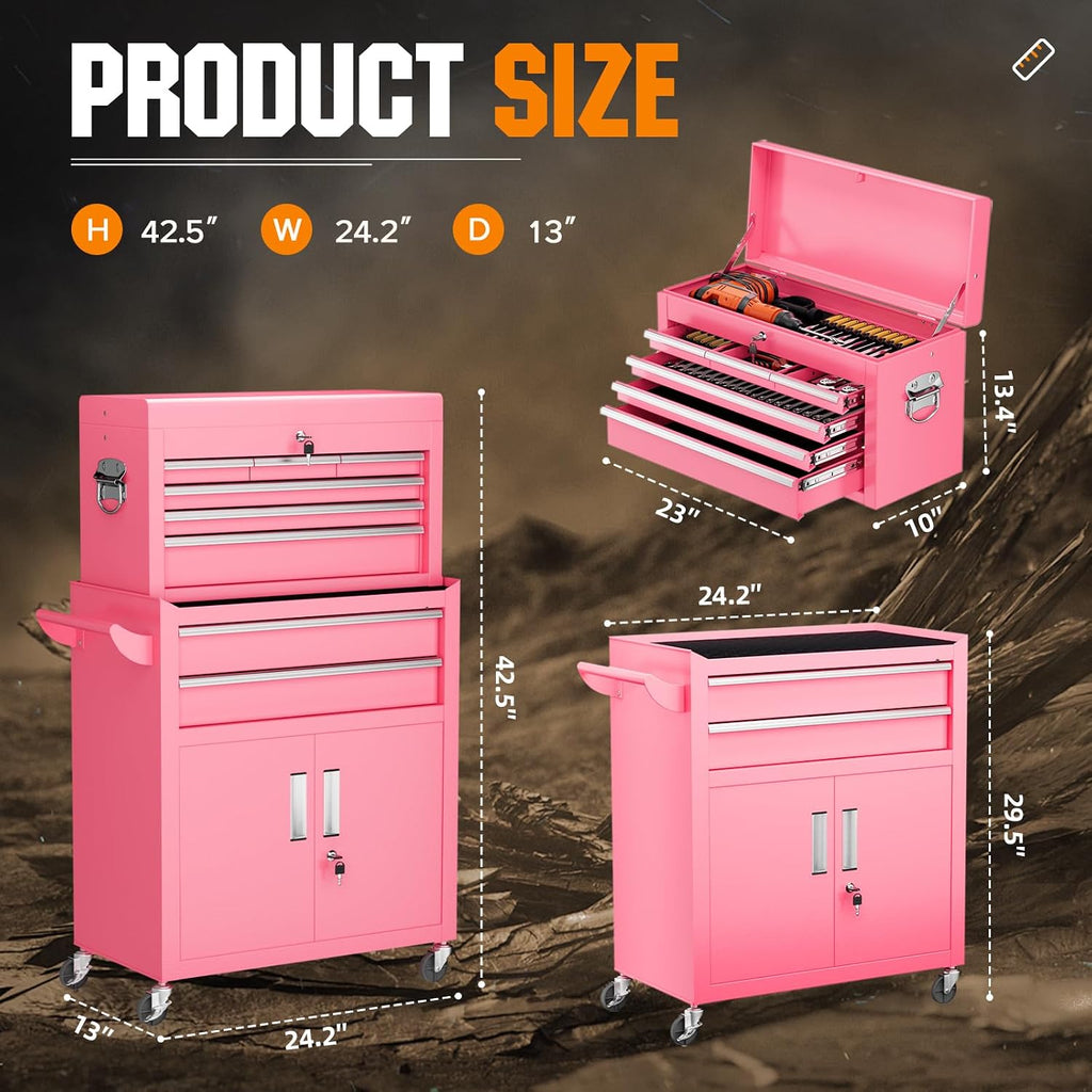 8-Drawer Rolling Tool Chest - Heavy-Duty Steel Tool Cabinet with Detachable Top Box, Locking Wheels & Security System for Garage/Workshop, 2-in-1 Design (Pink)