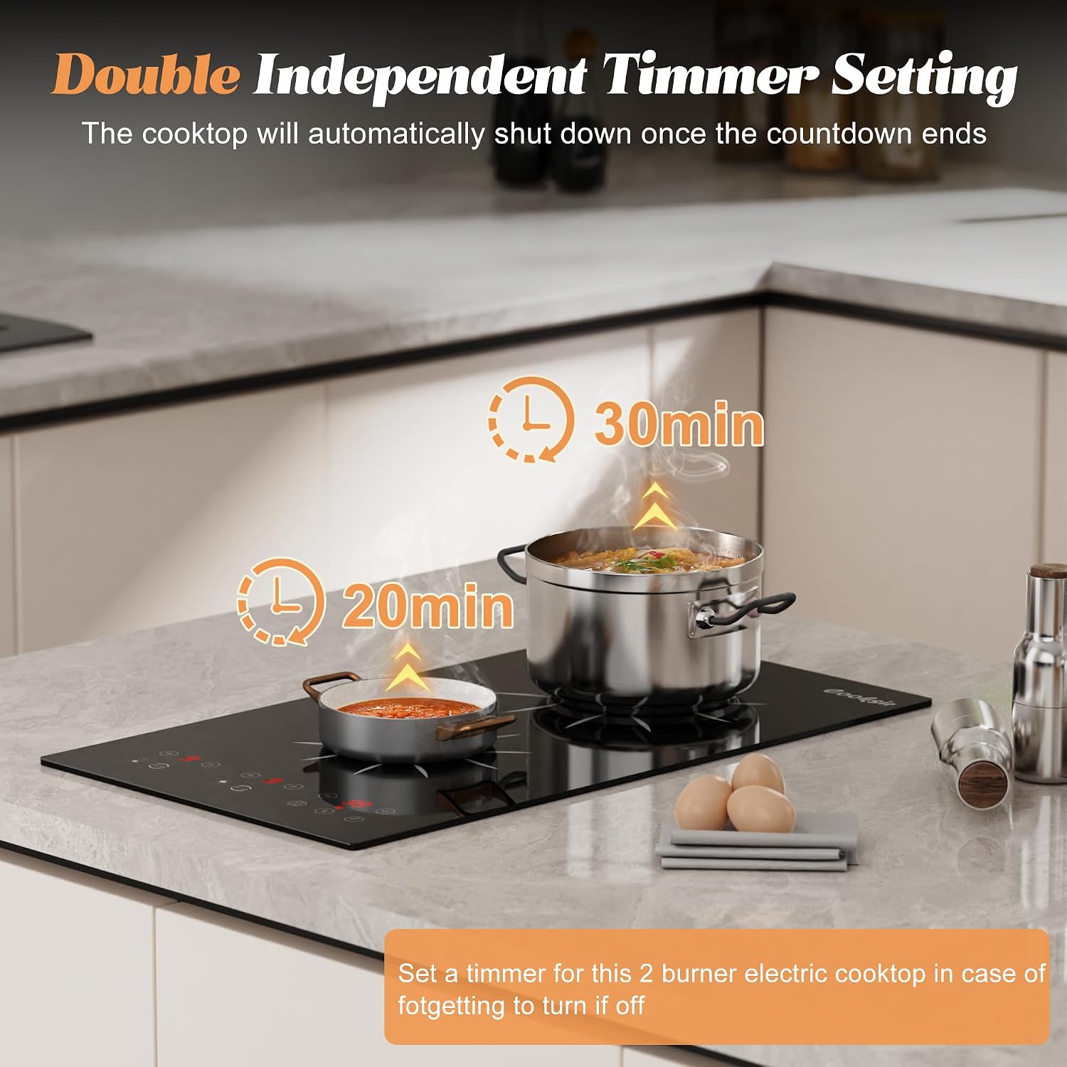 2 Burner Electric Cooktop - 2000W 12 Inch Electric Stove Top Built-in & Countertop, 110V Portable Two Burner Electrical Cook Top with Safety Lock, 180-Min Timer, Touch Control, 110V Plug in