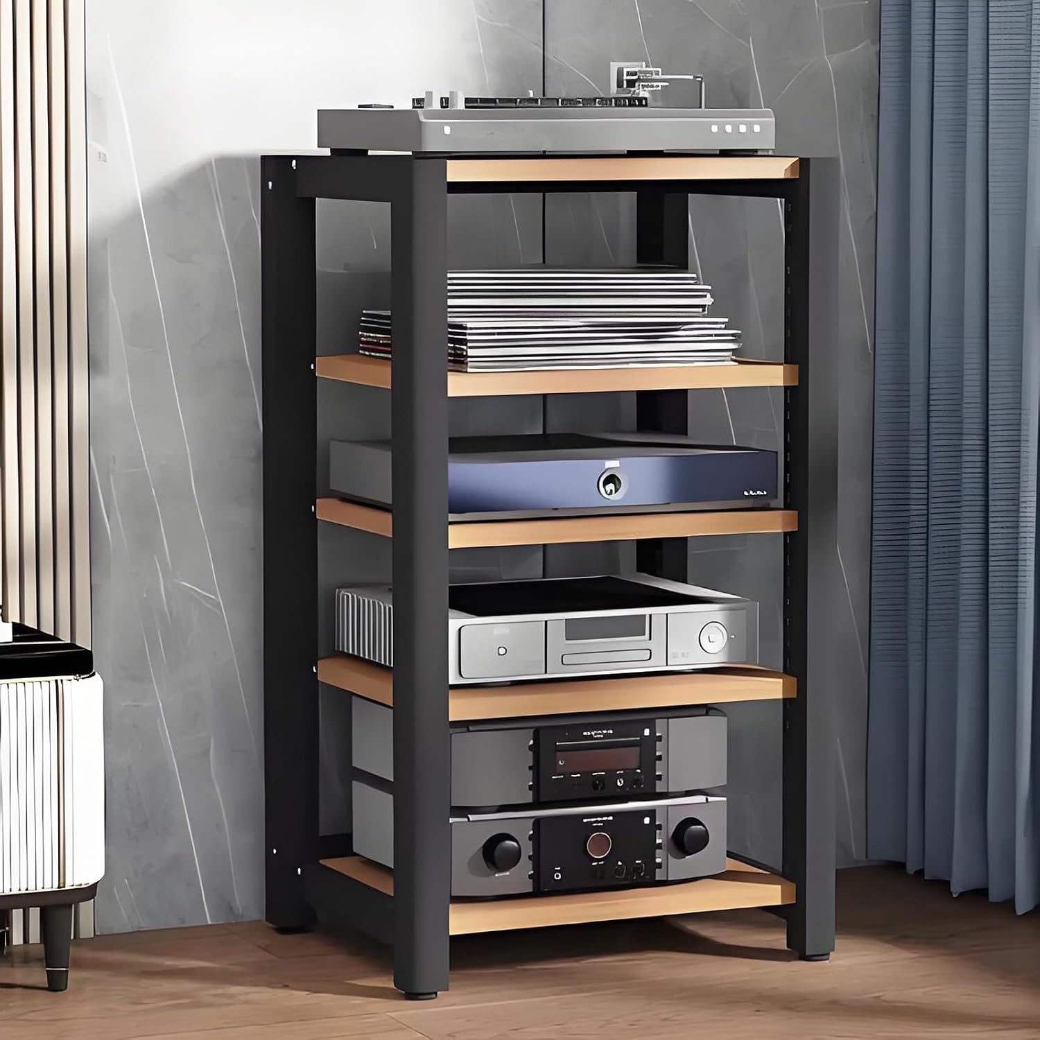 2/3/4/5 Tier Audio Cabinet Record Player Stand Audio Rack, AV Component Media Stand, Tower Player Stand, Home Stereo Rack System With Height-Adjustable Shelf, For DVD Players TV Box Game Console(Beige