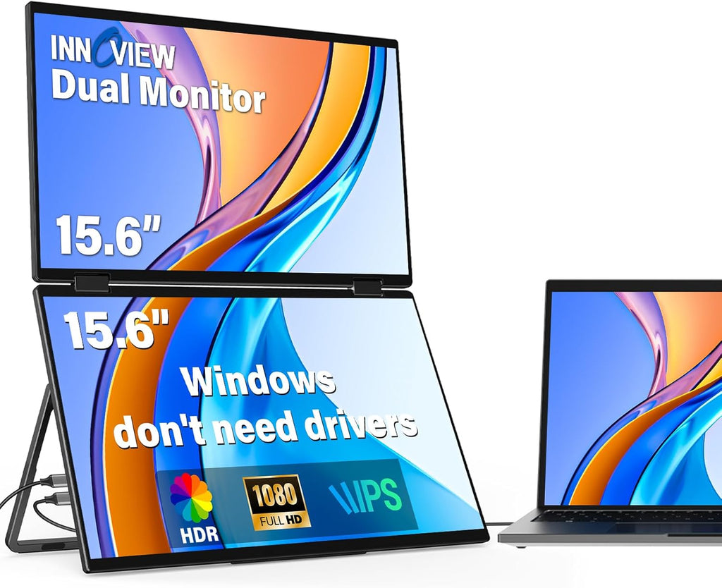InnoView Portable Dual Monitor 15.6' 1920x1080 Dual Stacked Foldable Monitor | 315° Screen Adjustment | USB-C/HDMI Second Monitor for Laptop, Mac, Windows